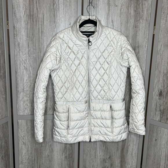 Barbour Jacket 10 Quilted Beige Cream Color Charlotte Winter Tartan - Picture 1 of 8